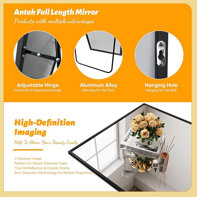 Antok Mirror Full Length, 71"x28" Big Floor Mirror, Oversized Full Body Mirrors with Stand for Bedroom, Living Room Cloakroom, Black, Rect Corner Style