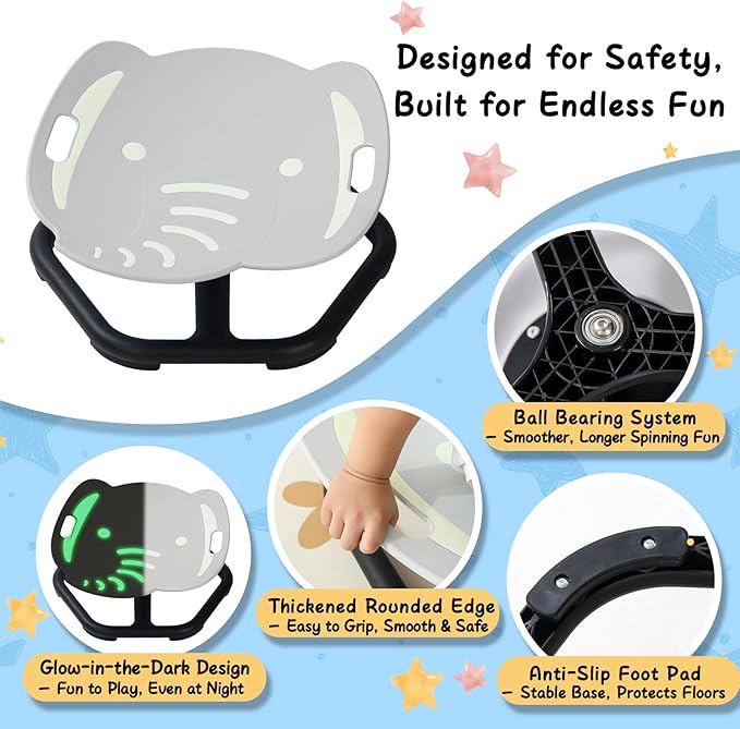 Glow-in-The-Dark Elephant Sensory Spinning Chair for Kids, Autism Sensory Toys, Sit and Spin Swivel Seat for Autistic Children, ADHD & Sensory Room Must Haves, Boosts Balance, Ages 3+ (Grey)