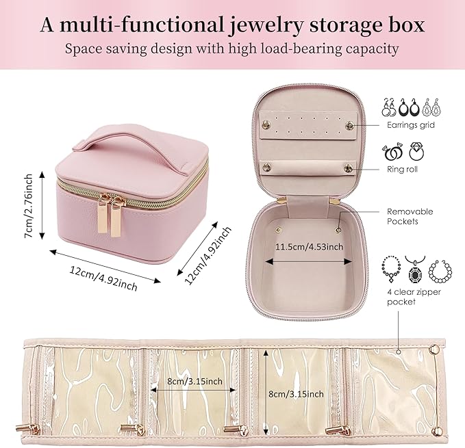 PU Leather Travel Jewelry Organizer Case with 4 Pouches & Handle, Anti-Tangle Storage Box for Necklace, Earrings, Rings, Compact Jewelry Box for Women Gift (Pink)