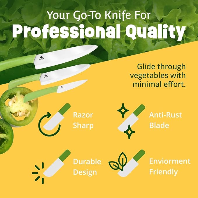 Ceramic Knife Set with Ergonomic Handle, Non-Reactive and Professional Chopping Knife Featuring Sharp, Santoku Blades for Cutting Vegetables & Fruits, Ceramic Kitchen Knives Set of 3 - 6”, 4”, 8”