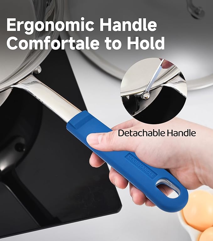 LOLIKITCH 10 In Stainless Steel Skillet - Professional Induction Fry Pan, Oven Safe 600°F, Tri-Ply Stainless Steel Clad, Dishwasher Safe, Detachable Handle, PFOA Free, Commercial Restaurant Grade