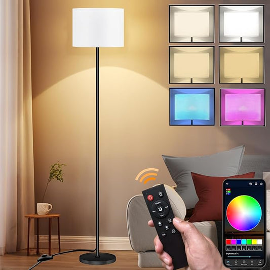Smart LED Floor Lamp with APP Control & RGB Colors - Dimmable Standing Lamp for Living Room, Bedroom, Gaming - Remote, Timer, 9W Bulb Included, 60.6" Modern Tall Lamp (White)