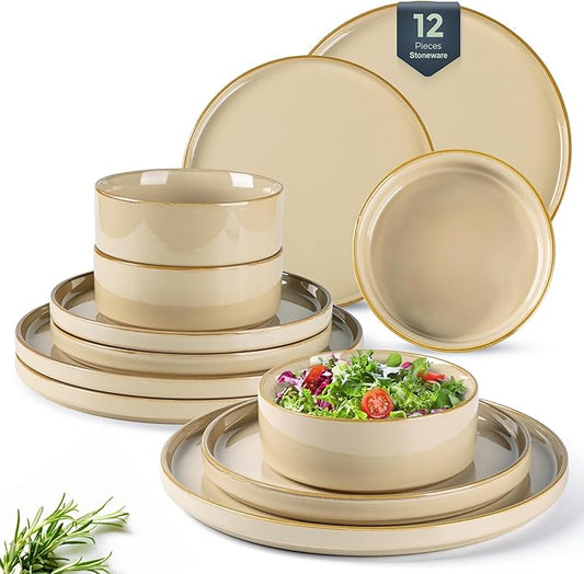 GBHOME Ceramic Dinnerware Sets for 4, 12 Pieces Stoneware Plates and Bowls Sets, Reactive Glaze Dishes -Scratch Resistant, Dishwasher&Microwave Safe-Warm Sand