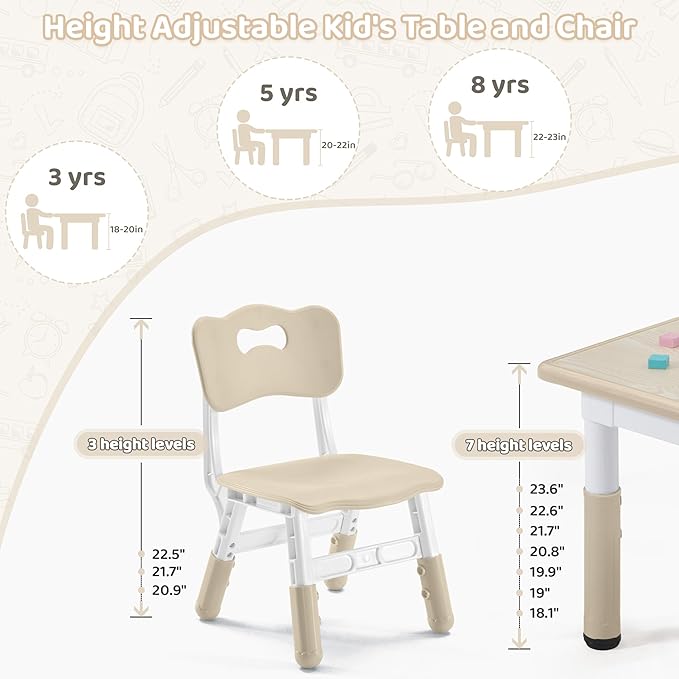 Adjustable Kids Table Chairs Set – Graffiti Desktop, Multi-Activity Height-Adjustable Toddler Study Desk for Ages 3-8 – Ideal for Home, Classroom, Daycare (W-Wood, 2 Chairs-23.6" L x 23.6" W)