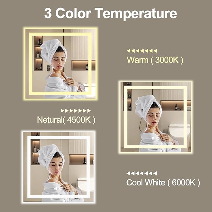 24 X 24 Inch Square LED Bathroom Vanity Mirror, 3 Colors Light Dimmable, Wall Mounted Memory Lighted Makeup Mirror with Anti-Fog Touch Switch (Front-lit&Backlit)