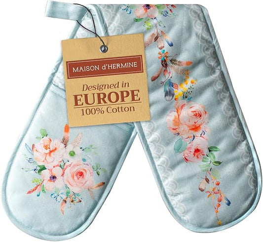 Maison d' Hermine Double Oven Mitts 100% Cotton 7"x35" Double Oven Mitt Heat Resistant BBQ Cooking Gloves with Loop, Baking, Grilling, Home, Kitchen, Handling Hot Pans Spring Summer (Ibiza)