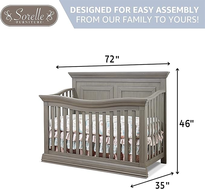 Sorelle Furniture Paxton Crib, Classic 4-In-1 Convertible Crib, Made of Wood, Non-Toxic Finish, Wooden Baby Bed, Toddler Bed, Child’s Daybed and Full-Size Bed, Nursery Furniture - Heritage Grey