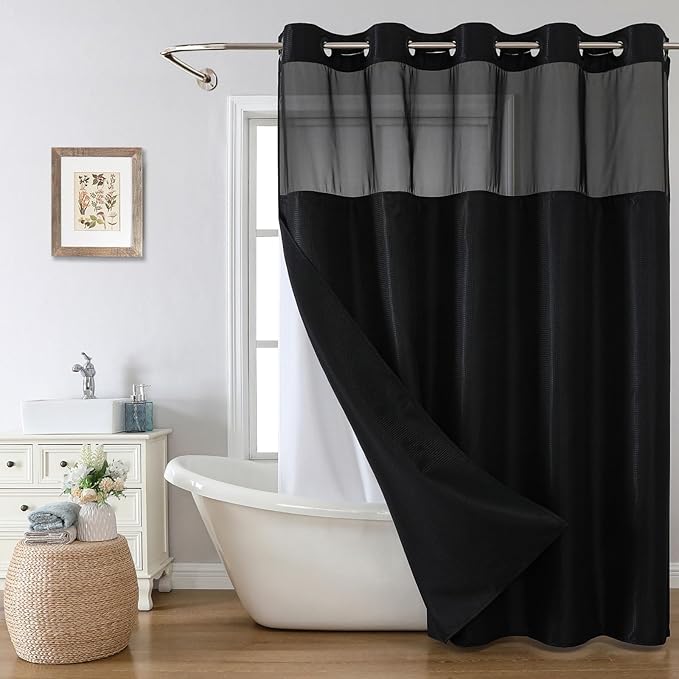 Black No Hook Shower Curtain with Snap-in Fabric Liner Set,Waffle Weave Shower Curtains for Bathroom,Hotel Luxury Decor Bathroom Curtain Set,Waterproof & Washable,71Wx74H