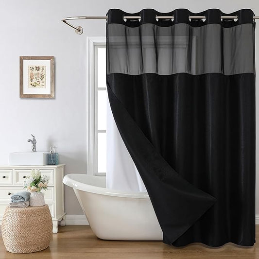 Extra Long No Hook Shower Curtain with Snap-in Fabric Liner Set,Black Waffle Weave Shower Curtains for Bathroom,Hotel Luxury Decor Bathroom Curtain Set,Waterproof & Washable,71Wx86H