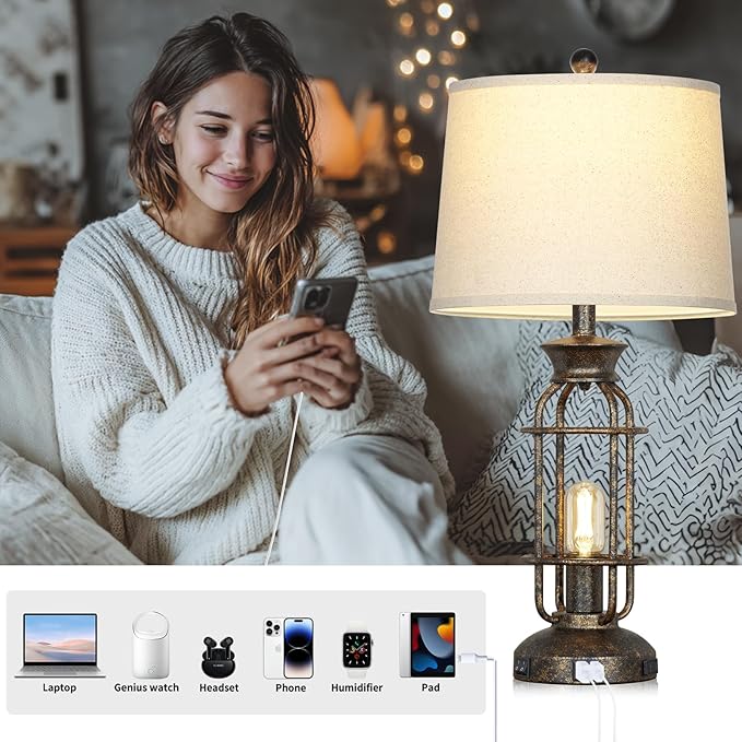 28" Vintage Table Lamps for Living Room, Industrial Farmhouse Table Lamp with USB C+A Ports & Outlet, Rustic Nightstand Bedside Lamps with 2 Night Light for Bedroom End Tables Bronze, 4 Bulbs Included