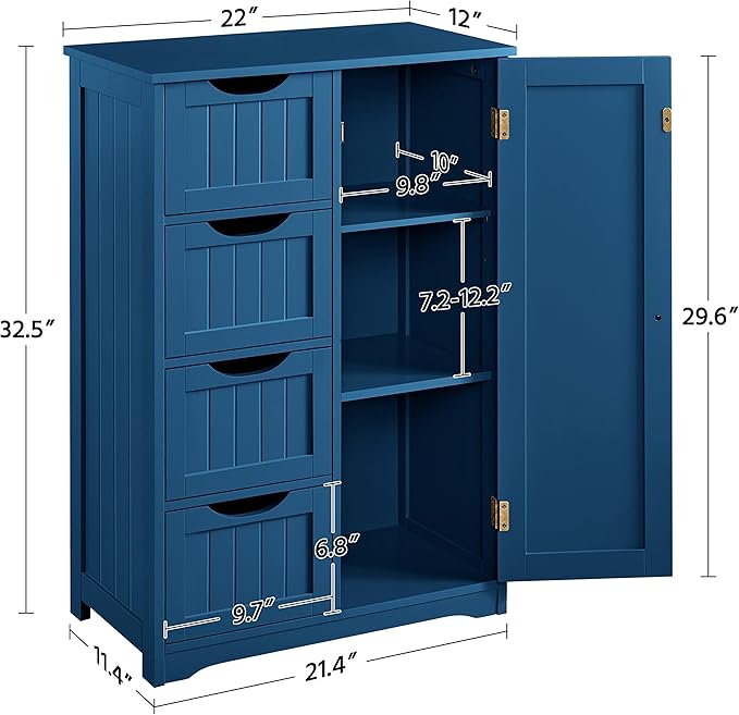 Yaheetech Wooden Bathroom Floor Cabinet, Side Storage Organizer Cabinet with 4 Drawers and 1 Cupboard, Freestanding Entryway Storage Unit Console Table, Bathroom Furniture Home Decor, Navy Blue