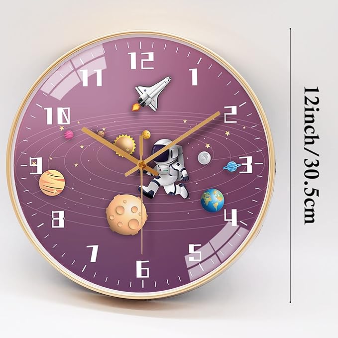 12 Inch Silent Movement Kids Wall Clock, Non Ticking Children Round Wall Clock Battery Operated Space Travel Style Decor Children Clock for Home School Girls Bedroom Living Room (Pink)