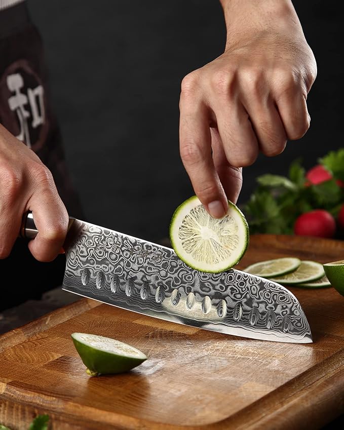 HEZHEN 7” Santoku knife, Damascus Steel Chef Knife, Asian Kitchen Knife Japanese Style, Figured Sycamore Wood Handle