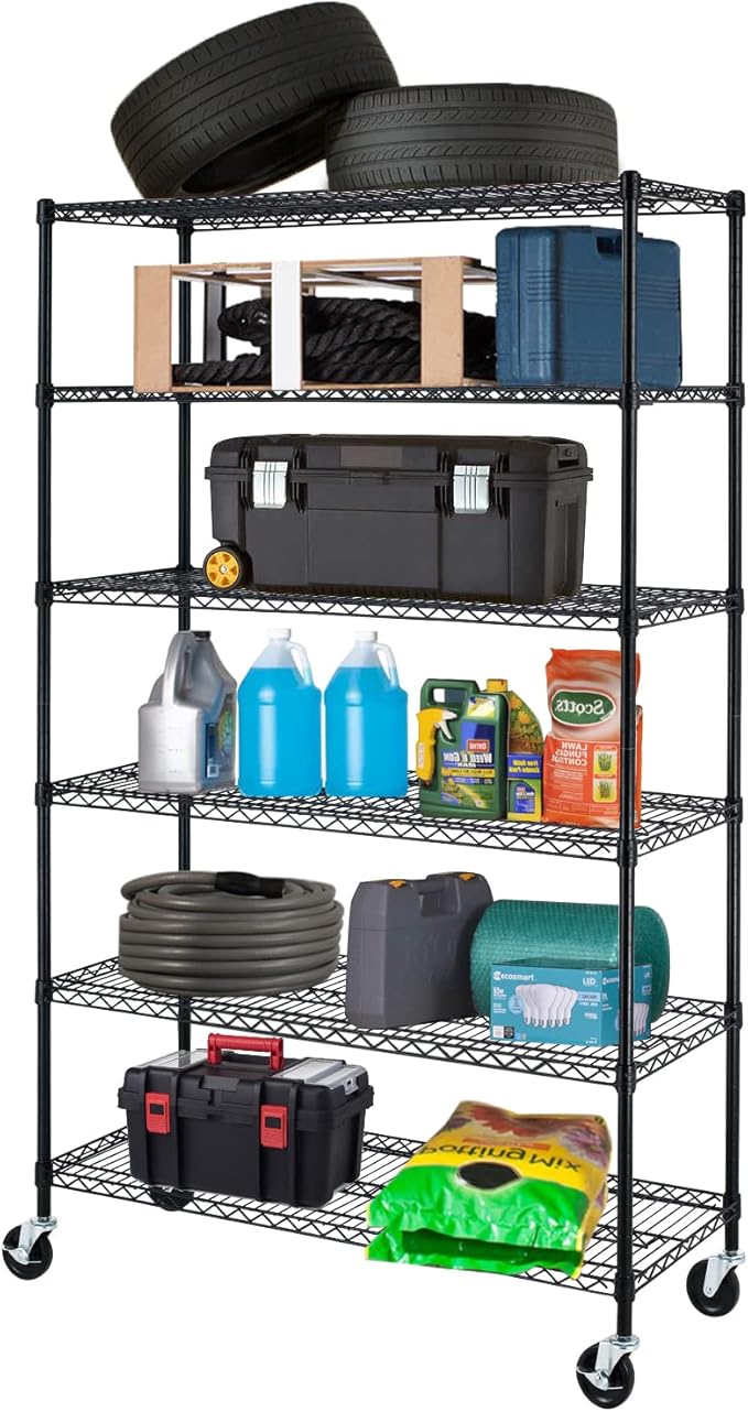 PayLessHere Commercial Grade 6 Tier Adjustable Storage Shelf Heavy Duty Metal Shelf NSF Certified Wire Shelving Unit with Wheels 6000LBS Capacity 18" D x 48" W x 72" H,Black