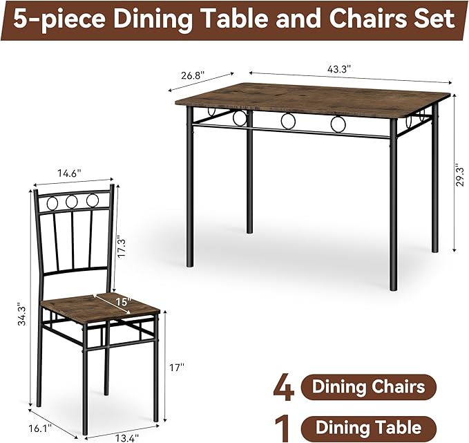Kitchen Dining Table Set for 4, 5-Piece Kitchen Table Set,Dining Room Table Sets,Rectangular Kitchen Table Set with 4 Chairs for Small Space, Dinette,Apartment, Rustic Brown