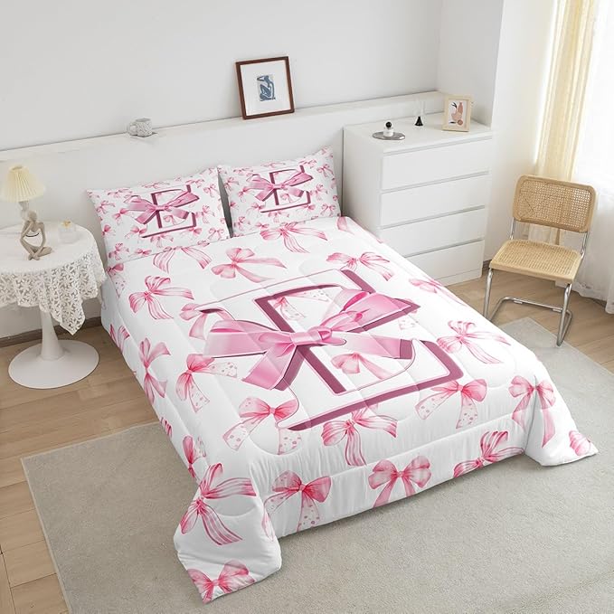 jejeloiu Kids Girls Cute Pink Bow Comforter Set King Size Monogrammed Bedding Set Ultra Soft Personalized Initial E Duvet Quilt Coquette Bow Knot Quilt Set Room Decor Modern Fashion Comforter