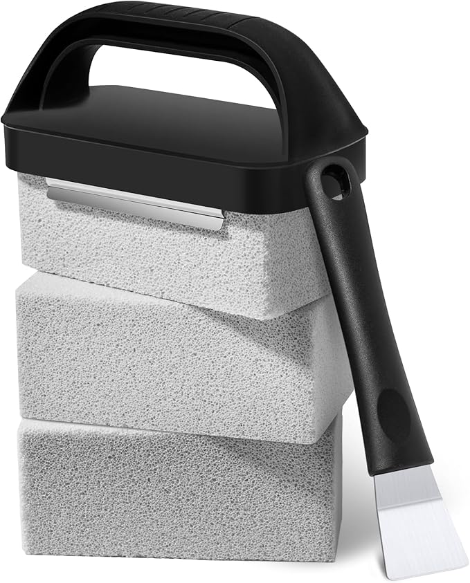 Pumice Grill Brick for Cleaning Flat Top, Heavy Duty Grill Stone Kit for Griddle with Handle & Scraper, Griddle Cleaning Brick Block for Removing Stubborn Grease, Rust (5 PCS)