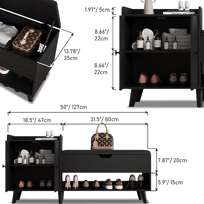 50" Entryway Shoe Bench with Hidden Storage,Shoe Organizer Storage Bench with Shelf and Cabinet Entryway Bench for Bedroom Living Room and Hallway