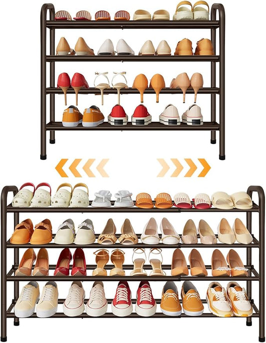 4 Tier Shoe Rack for Closet,Shoe Organizer, 28“ Metal Shelf Can Expandable to 42“, for Bedroom, Entryway, Living Room, Garage, Adjustable to 24 Pairs Shoes, Rustic Brown