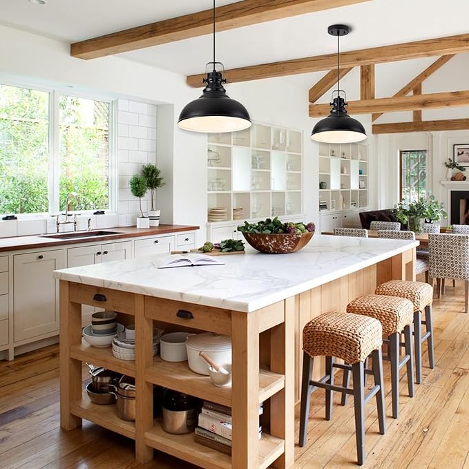 Industrial Pendant Light Fixture, Farmhouse Decor Adjustable Metal Hanging Lamp, Vintage Pendant Lighting for Kitchen Restaurant Dining Room Cafe, E26 Base Black (Black, 2 Pack)