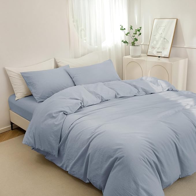 JIYUAN 100% Washed Cotton Duvet Cover Set 2 Pieces Twin, 1 Duvet Cover 68x90 Inches(Comforter Not Included) and 1 Pillowcases,Linen Feel Bedding Set Comfy and Breathable, Heathered Light Blue