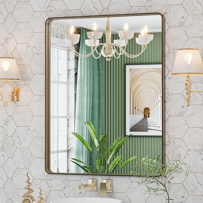 LOAAO 28”X36” Bronze Bathroom Mirrors for Vanity, Rounded Rectangle Brushed Bronze Metal Frame Mirror, Anti-Rust, Hangs Horizontally or Vertically