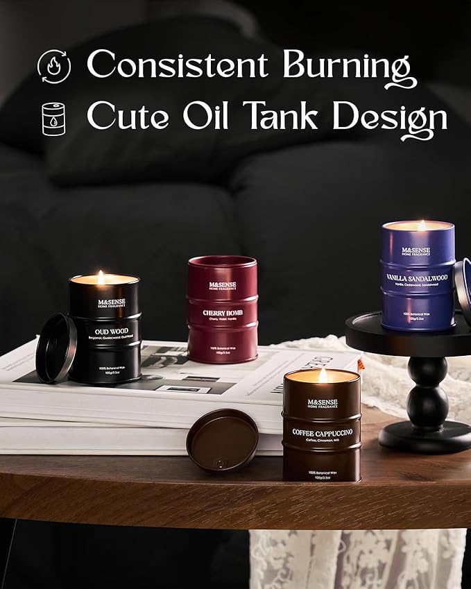 Mini Candle Set | Scented Candles Gift Set | 4 Pack Candles for Home Scented Candle,Cherry Vanilla Oud Sandalwood Coffee Candle,Gift Set for Women and Men,Soy Wax 14 oz 86 Hour