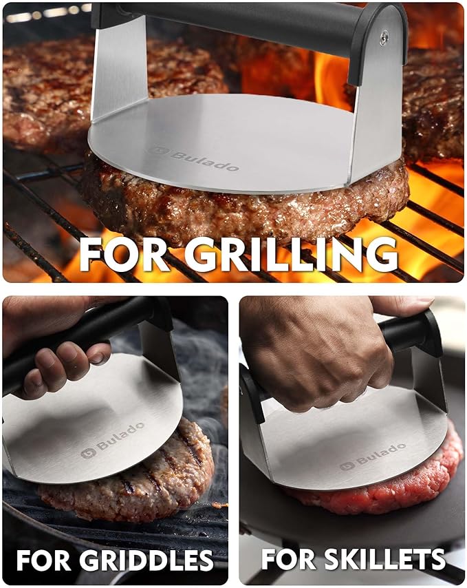 Burger Press, 6'' Round Burger Smasher for Griddle with Heat-resistant Handle, Stainless Steel Non-stick Hamburger Smasher Tool for Flat Top Griddle, Grill, BBQ, Cooking, Gift Package