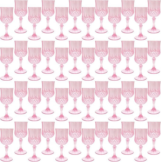 Plastic Wine Glasses，Plastic Goblets Vintage Style Cordial Drinking Glasses for Wedding Reception, Grand Event Party Supplies (48, Pink)