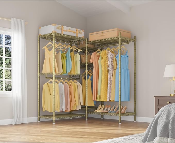 VIPEK L6 L Shaped Clothes Rack Heavy Duty Clothing Rack for Corner, 5-Tier Wire Garment Racks Metal Freestanding Closet with Adjustable Shelves, 42.1" L x 42.1" W x 76.4" H, Max Load 840LBS, Gold