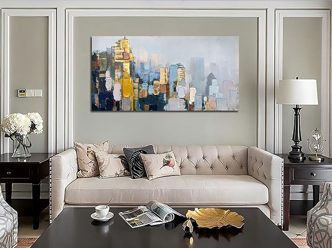 Arjun Abstract Wall Art 3D Textured Skyline Canvas Painting Gold Grey Colorful Modern Cityscape Metropolitan Picture City Artwork Framed Large for Living Room Bedroom Home Office Wall Decor, 48"x24"