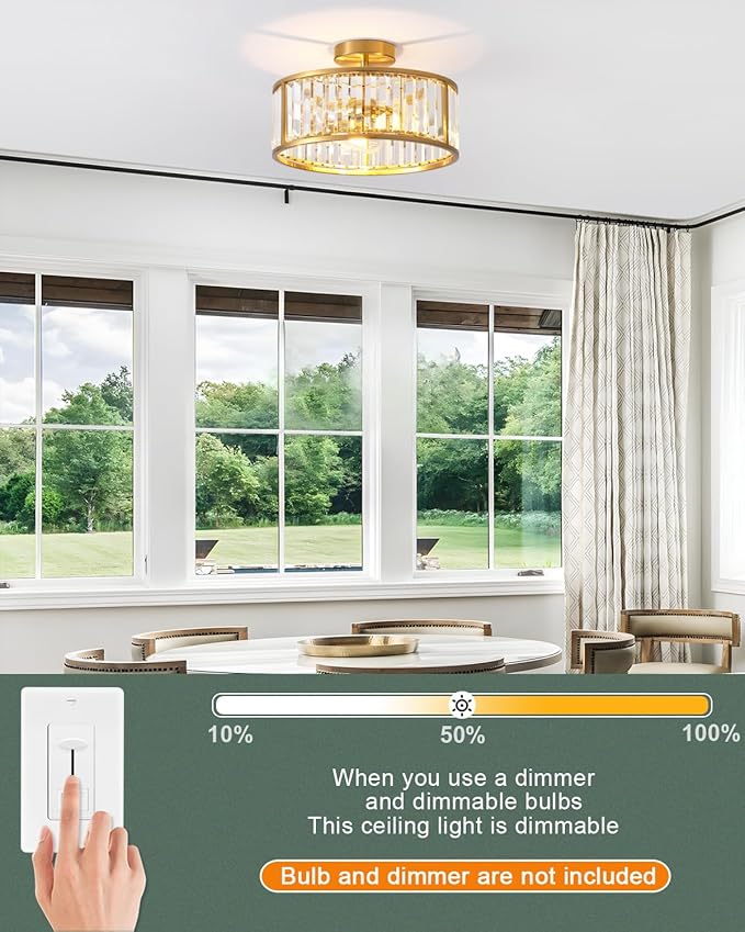 black flush Mount ceiling light, 3- lights caged crystal chandelier, small drum hallway light fixtures ceiling Mount, 14 INCH Brass Gold (3-Lights)