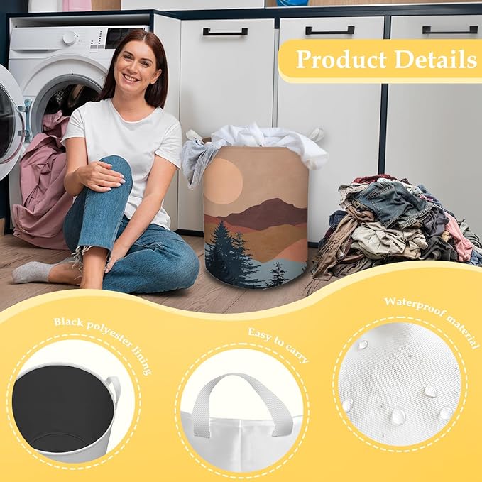 Boho Laundry Basket, Mid Century Modern Boho Sun Forest Mountain Waterproof Collapsible Laundry Hamper Dirty Clothes Storage Toy Bin Organizer for Bathroom Bedroom Nursery Girls Kids Room