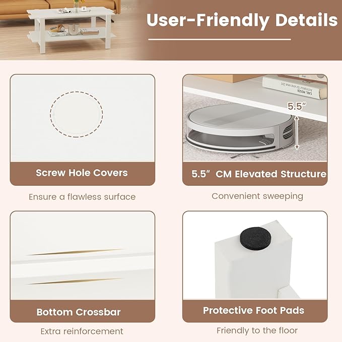 Giantex Coffee Table with Storage, 45 Inch Modern Center Table with Slatted Design & Side Rail Support, Rectangular Living Room Table for Small Spaces, White