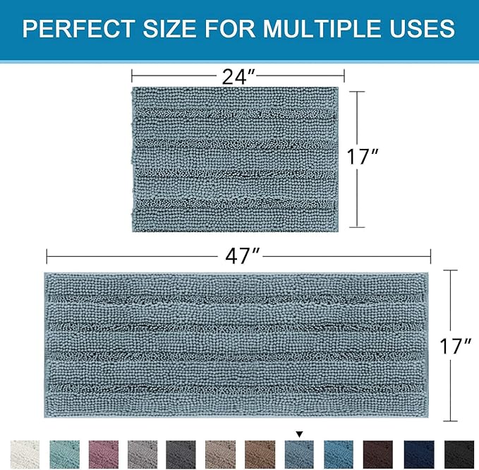 H.VERSAILTEX 2 Piece Bathroom Set - Absorbent Chenille Bath Mats & Non-Skid Machine Washable Rugs (Stone Blue, 47 x 17 Plus 17 x 24 - Inches)