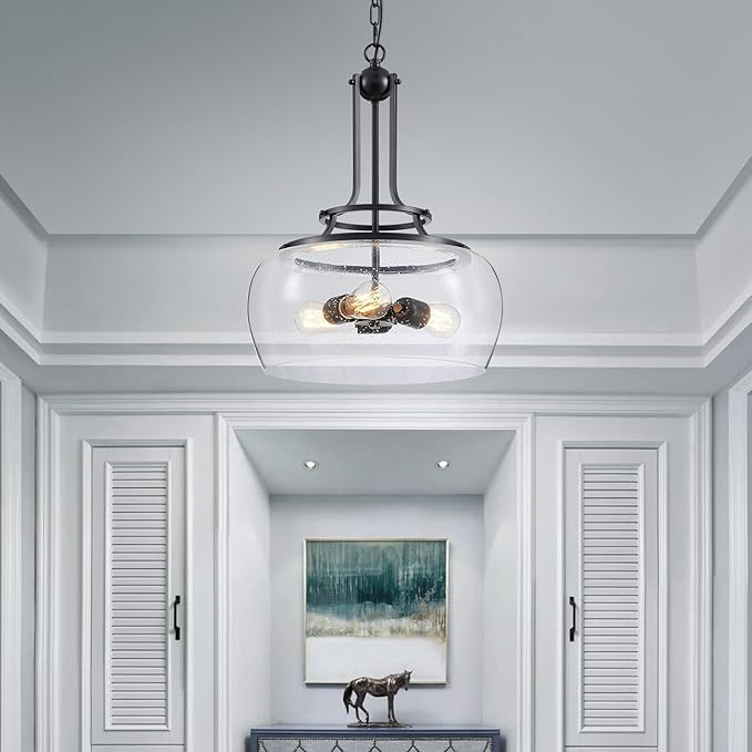 WUZUPS Chandelier Rustic Farmhouse Industrial Round Ceiling Pendant LED Light Fixture Clear Seeded Glass Shade for Dining Room Kitchen Island Foyer Entryway, H 20.9" x W 15.9", Black