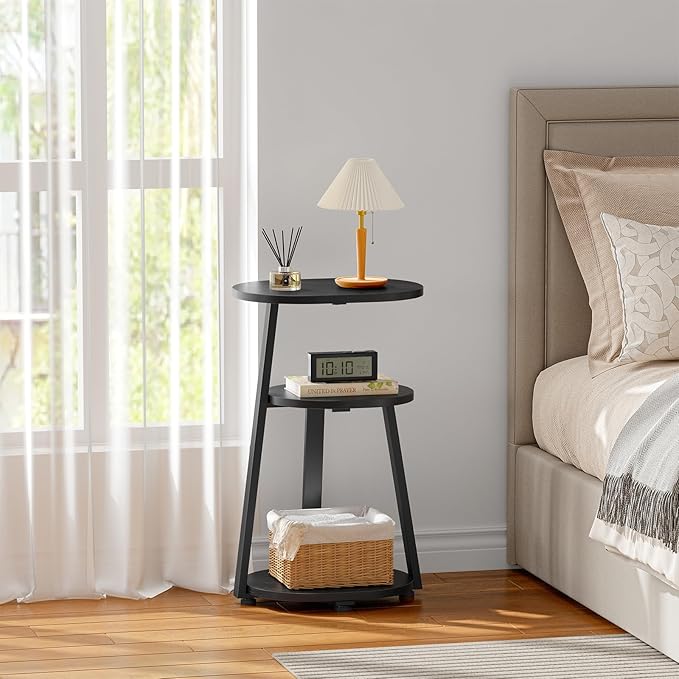 Side Table, Small End Table with Metal Frame, 3-Tier Bedside Tables, Round Side Tables for Living Room Bedroom Couch Bathroom, Oval, Pure Black