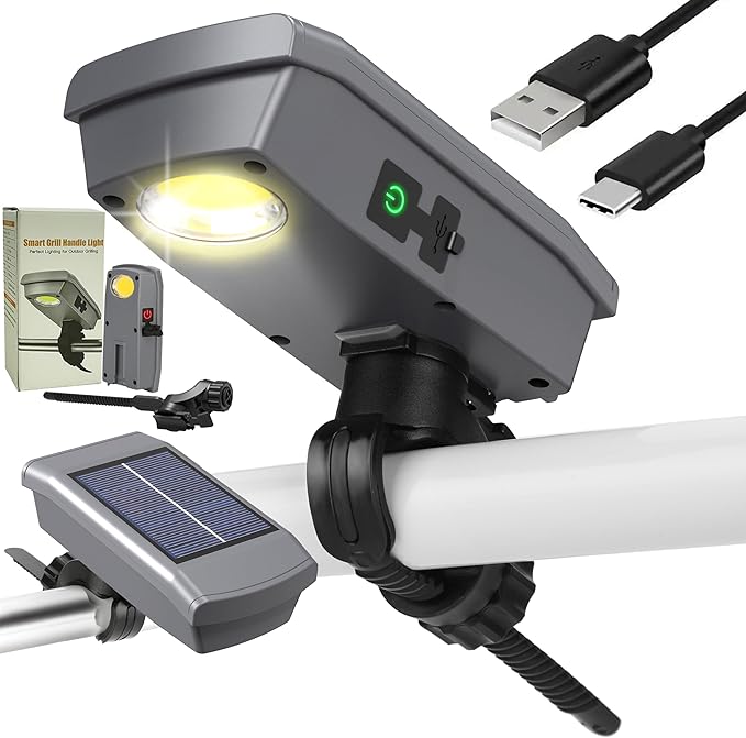 Solar/USB-C Rechargeable Grill Light for Blackstone Weber Grills, LED Work Light Tool Gifts for Men Him Dad, 360° Rotation Auto On/Off Heat-Resistant Grill Lights for Outdoor Grill BBQ Accessories