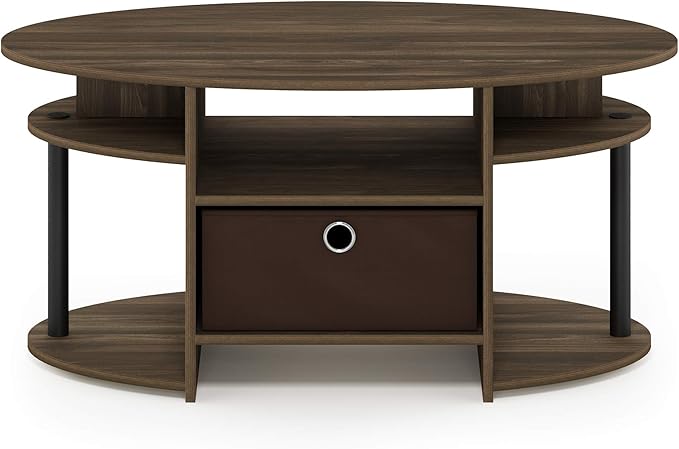 Furinno Jaya Simple Design Oval Coffee Table with Bin for Living Room, Columbia Walnut/Black/Dark Brown