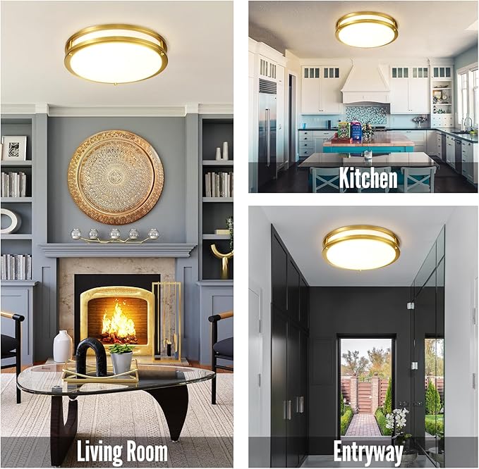 Gold Ceiling Light Fixture 24W, 12 inch LED Flush Mount Ceiling Light for Bedroom, Kitchen, Bathroom, Dimmable Close to Ceiling Light Fixture for Hallway 5CCT…