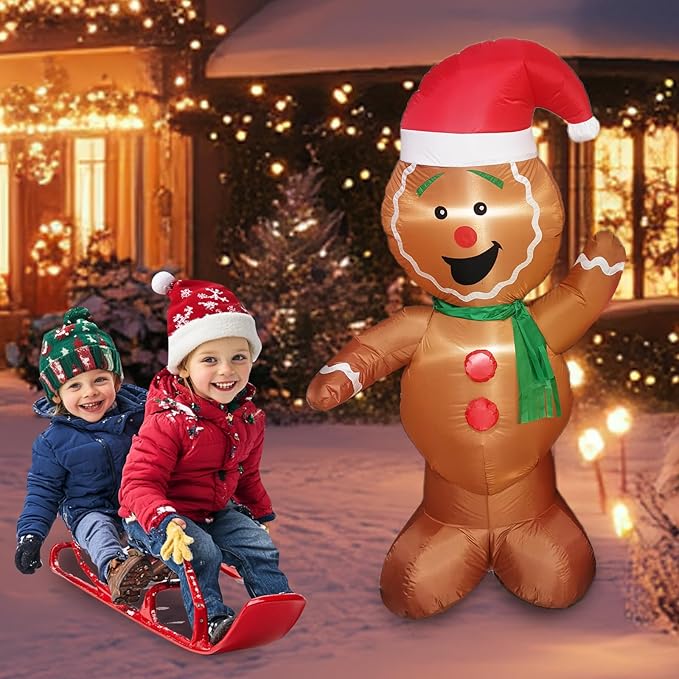 Mimi Funn 6FT Christmas Inflatable Gingerbread Man, Cute Christmas Blow Up Yard Decorations with Build-in LEDs for The Yard, Lawn, Garden