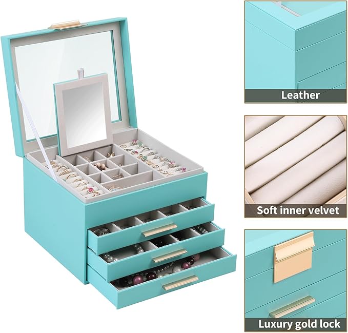 BOOVO Clear Lid Jewelry Box,4 Layers Jewelry Organizer Large Jewelry Storage Box with 3 Drawers,Jewelry Holder Organzier of Rings Earrings Necklace Bracelets for Women (Turquoise blue, 4 Layer)