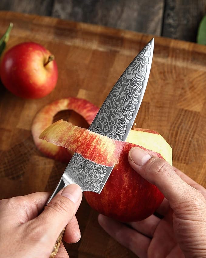 HEZHEN 5 inch Utility Knife with Razor Sharp- Damascus Steel with Rose Pattern Multifunctional VG10 Professional Paring-Fruit knife- Master Series Ergonomic Figured Sycamore Wood Handle