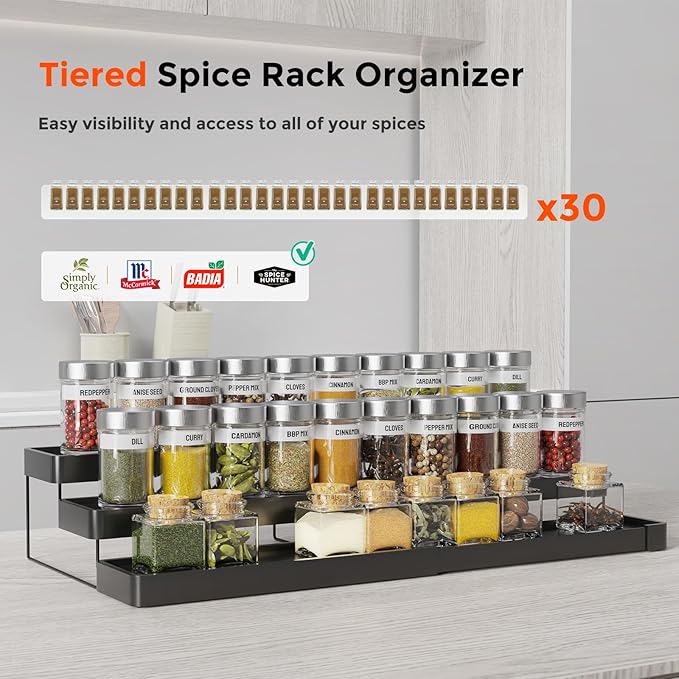 2 Pack Expandable Spice Rack Organizer for Cabinet - 3 Tier Adjustable Cabinet Spice Organizer Easy Visibility - Spice Organizer for Cabinet Countertop Cupboard Pantry Organization (Black)