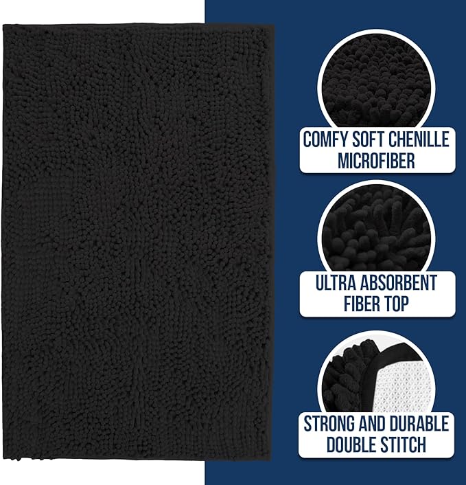 Muddy Mat Chenille Bathroom Rugs Quick Dry Microfiber Mats Non Slip Washable, Extra Thick, Soft and Highly Absorbent Bath Mats for Bathroom, Kitchen, and Shower Floor - Black Large 35"X24"