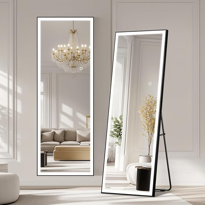 66x24 Full Length Mirror, Dimmable 3 Color LED Light w/Light Memory, Distortion Free Silver Coating Mirror, HD Reflection &Anti Desilvering,Tempered Glass &Shatter Proof Film Doubles Safety