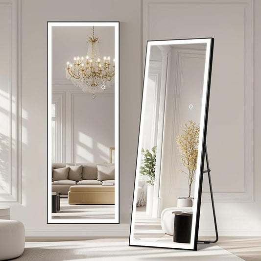 66x24 Full Length Mirror, Dimmable 3 Color LED Light w/Light Memory, Distortion Free Silver Coating Mirror, HD Reflection &Anti Desilvering,Tempered Glass &Shatter Proof Film Doubles Safety
