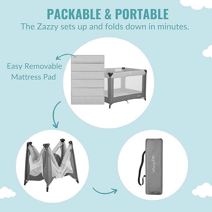 Dream On Me Zazzy Portable Playard with Bassinet in Grey, Packable and Easy Setup Baby Playard, Lightweight and Portable Playard for Baby with Mattress and Travel Bag