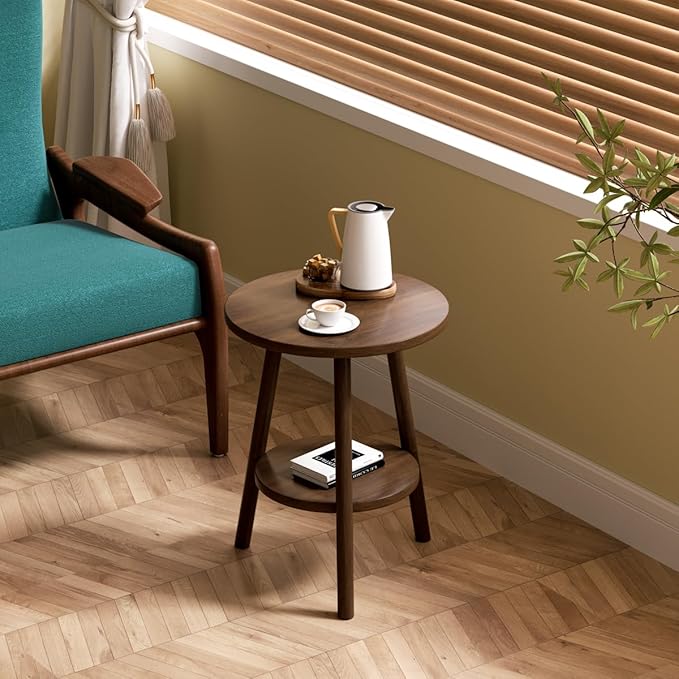 OERGKE Round End Table, Small Side Tables with Lower Shelf, Coffee Table, Bedside Table, Mid Century Modern Nightstand for Living Room, Bedroom, Corners and Office (Walnut)