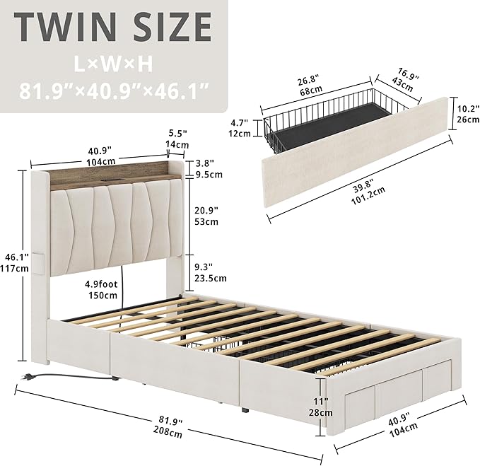 ANCTOR Twin Bed Frame with 3 Drawers, Upholstered Platform Bed with Storage Headboard and Charging Station, No Box Spring Needed, Easy Assembly, Beige